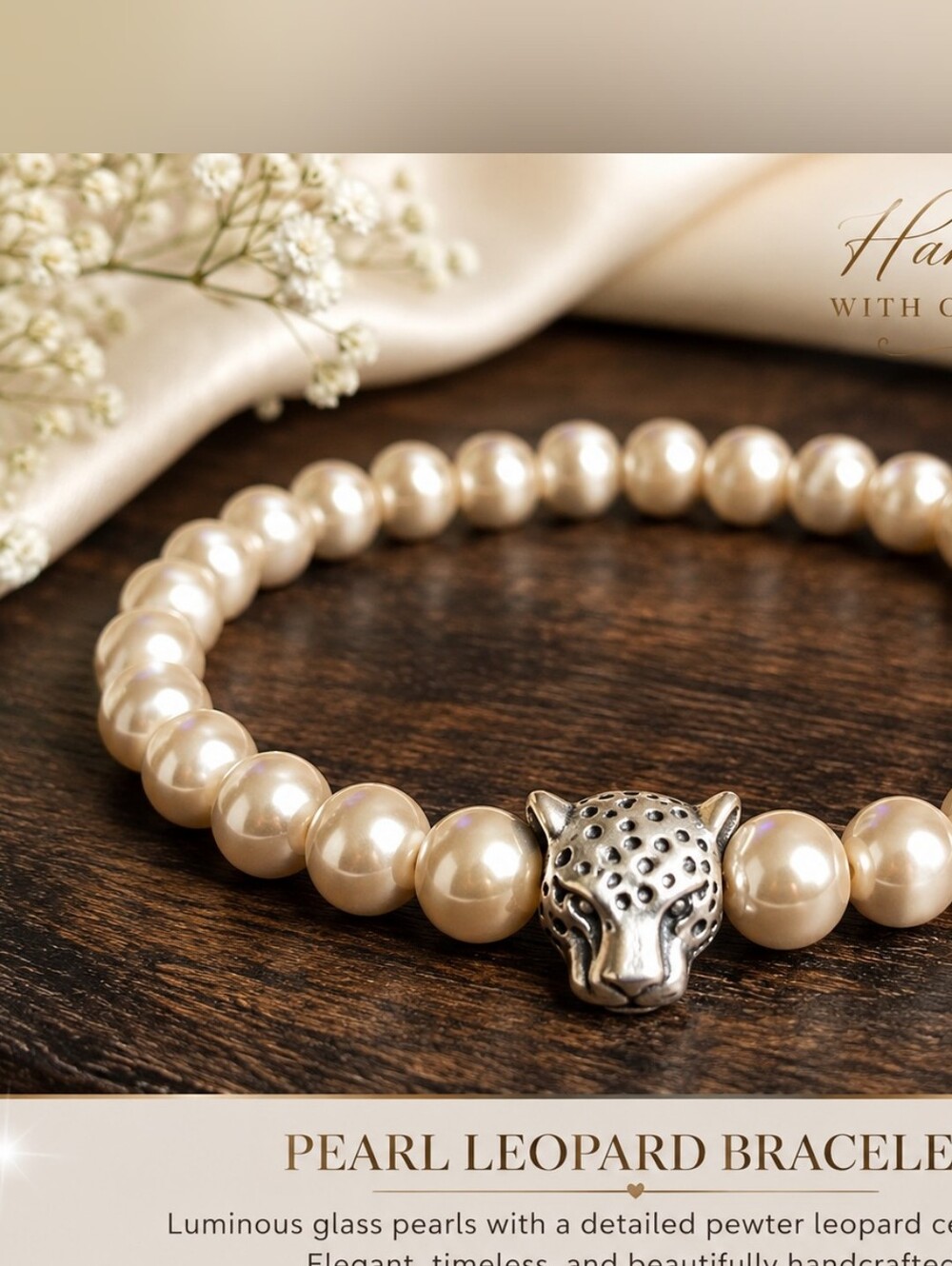 Pearl Leopard Bracelet - Cream Glass Pearls with Pewter Leopard Charm